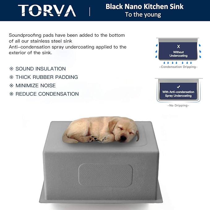 TORVA 25 x 18 Inch Gloss Black Ceramic Coating with NanoTek Undermount Kitchen Sink, PVD Coated Gunmetal Sink,16 Gauge Stainless Steel Wet Bar or Prep Sinks Single Bowl, Dark Gray
