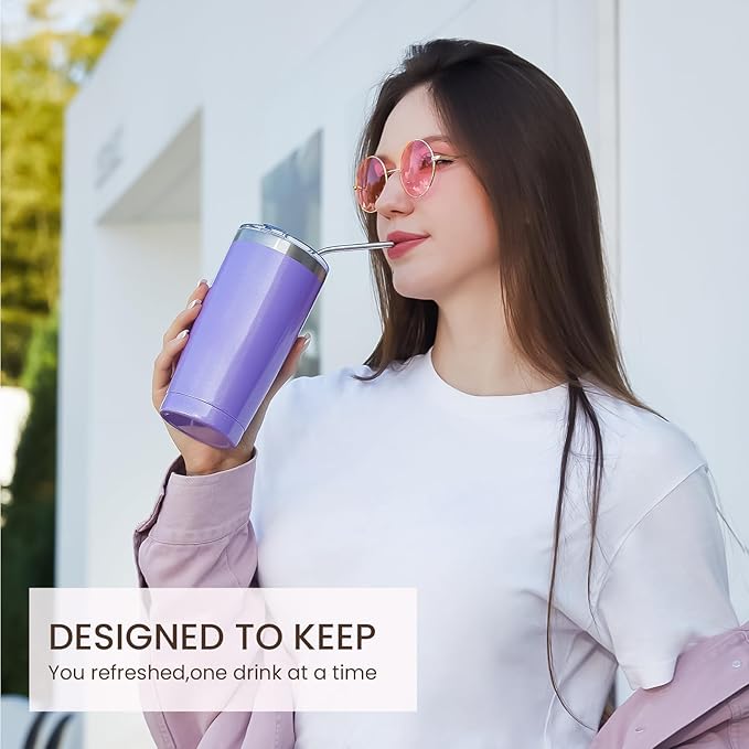 MEWAY 20oz Tumbler Double Wall Vacuum Insulated Travel Glitter Mug,Stainless Steel Tumblers with Lid and Straw, Powder Coated Coffee Cups for Woman (Rainbow Purple,1)
