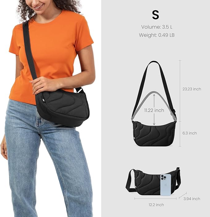 tomtoc 3.5L Puffer Sling Crossbody Bag for Women Trendy, Nylon Quilted Crescent Shoulder Bag Purses for Cellphone and Daily Essentials, Puffy Travel Hobo Handbag with Adjustable Strap & Inner Pockets