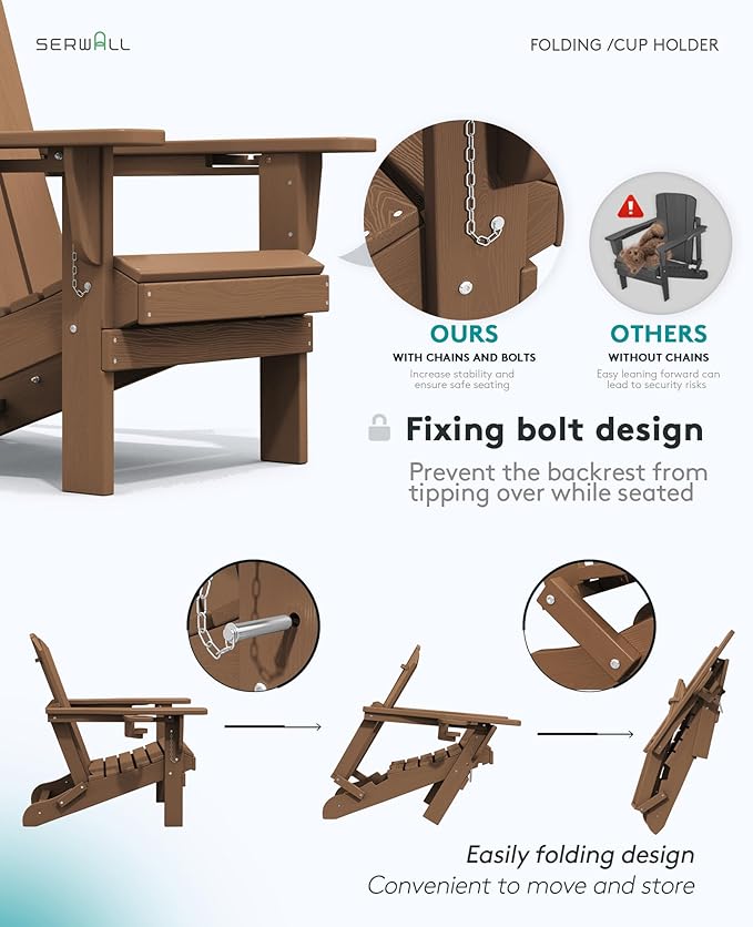 SERWALL Adirondack Chair with Cup Holders - Composite Adirondack Chairs Set of 6 HDPE Outdoor Chairs All Weather Use- Brown