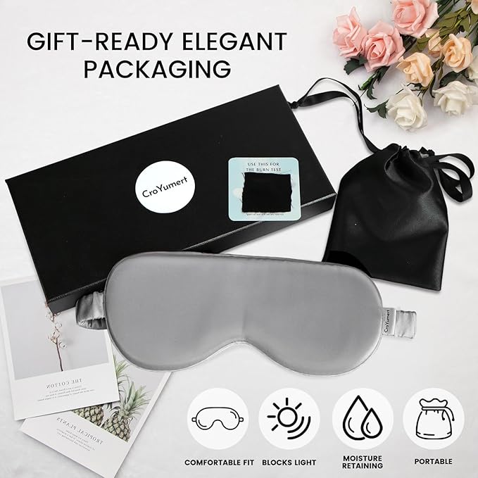 Pure 22 Momme 6A Grade Mulberry Silk Sleep Mask for Side Sleepers - 100% Blackout Eye Mask with Travel Pouch (Grey)