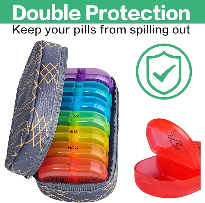 Serfeymi Weekly Travel Pill Organizer 2 Times A Day AM PM Upgraded Rainbow Pill Box 7 Day with Portable Zipper PU Leather Pill Case, Medicine Organizer for Pills, Vitamins, Fish Oils - Lines 01
