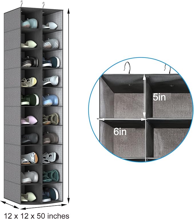 coastal rose Hanging Shoe Organizer for Closet, 20 Sections Hanging Closet Organizer and Storage Shelves, Space Saving Shoe Rack for Closet, Grey, 12''W×12''Dx 50''H