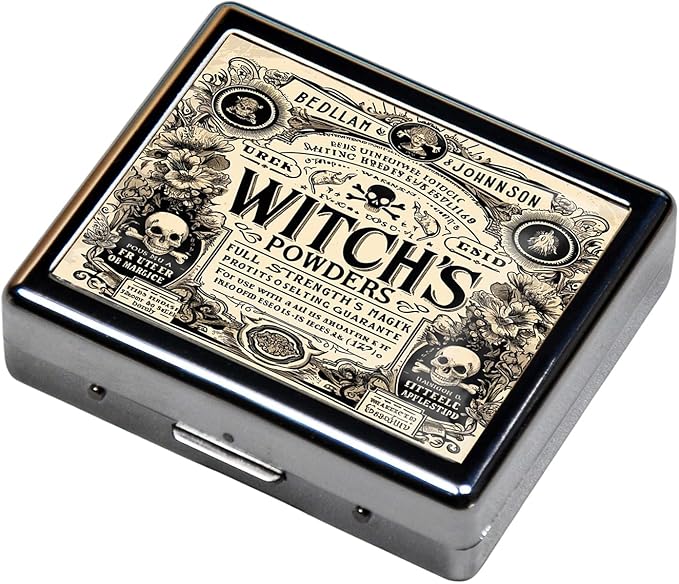 Cute and Portable Metal Pill Organizer – 8 Compartments, Elegant Chrome Finish, Ideal for Travel and Daily Use (Witch's Powders Vintage)