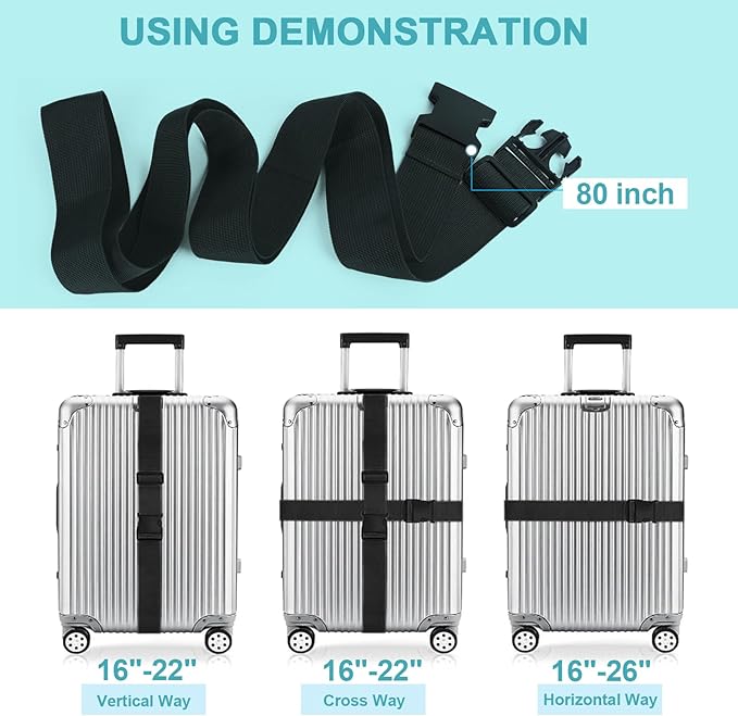 2Pcs Luggage Straps for Suitcase Travel Accessories TSA Approved, 80In Long Belts to Keep Your Suitcase Secure, Adjustable Bag Straps with Quick-Release Buckle for Travel Bag Closure, Black