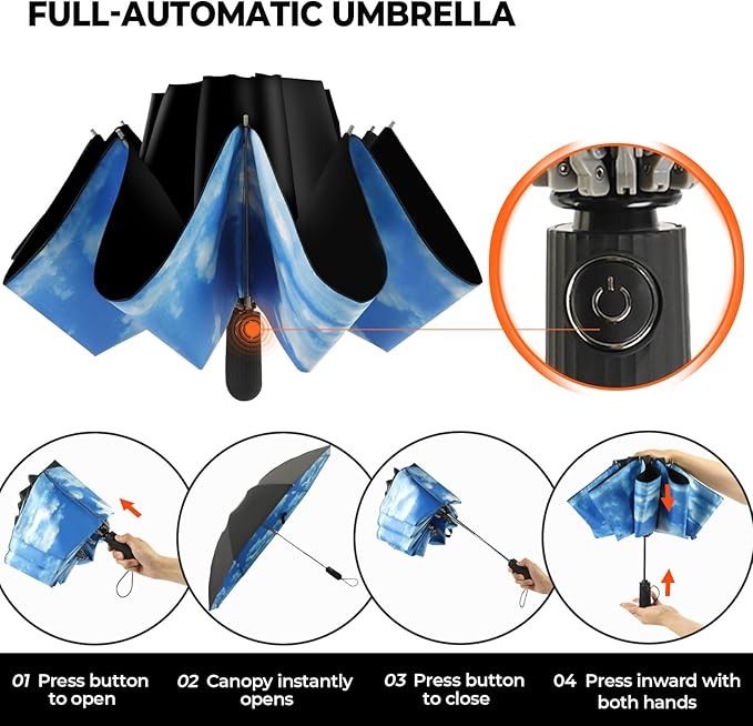 Compact Inverted Travel Umbrella, Automatic Open Close, 9-Rib 46 Inch Windproof Umbrella, Waterproof UPF 50+, Portable Umbrellas for Men, Women, Travel, and Daily Use