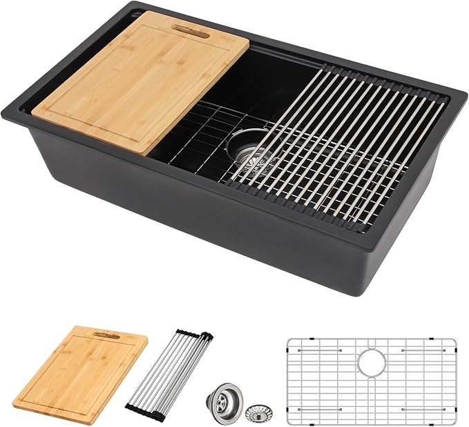 33 Inch Black Granite Composite Kitchen Sink Workstations Black Quartz Undermount Single Bowl Sink with Accessories Single Basin Large Capacity Noise Reduction Quiet Kitchen