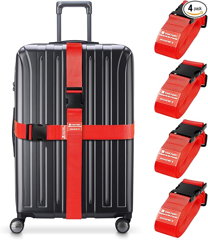 Travel Inspira Luggage Straps for Suitcases, Adjustable Suitcase Strap, TSA Approved Luggage Straps - Secure Your Luggage Safely During Travel Red (4 Pack)