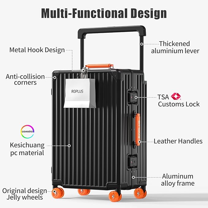 Aluminium Frame Checked-Luggage with Smooth Jelly Wheels, Hardside Zipperless Rolling Suitcase with TSA Lock (BlackOrange, 24-Inch)