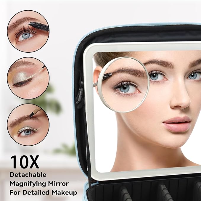 Travel Makeup Bag with LED Mirror and 10x magnifying glass with 3 Lighted Settings, Adjustable Dividers and Makeup Brush Storage Bag Light Blue