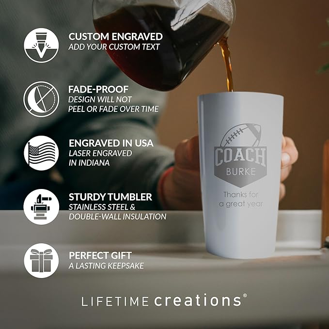 Lifetime Creations Personalized Football Coach Tumbler: Custom Football Coach Gift, Coaches Coffee Travel Mug from Team, Insulated Engraved Stainless Steel 20 Ounce Cup (White)