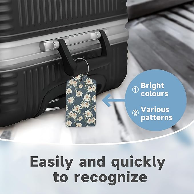 2 Pack Leather Luggage Tag for Suitcase Retro Daisy Flower Unique Travel Tags with Privacy Cover ID Label & Stainless Steel Loop for Men and Women Baggage