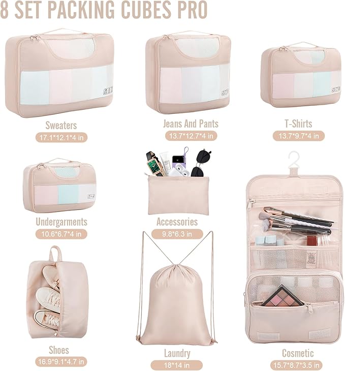 Veken 8 Set Packing Cubes for Travel, Beach Vacation Essentials Accessories for Cruise Ship, Suitcase Organizer Bags for Luggage with Hanging Toiletry & Shoe Bag, Birthday Gifts for Women Mom Her