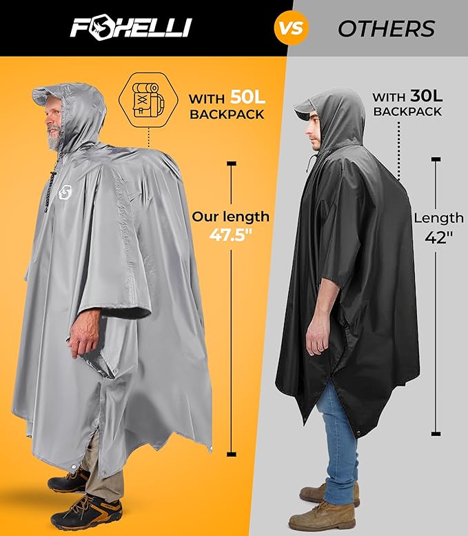 Foxelli Rain Poncho for Adults – Extra Long Reusable Waterproof Raincoat with Hood, Lightweight for Hiking, Camping, Outdoors