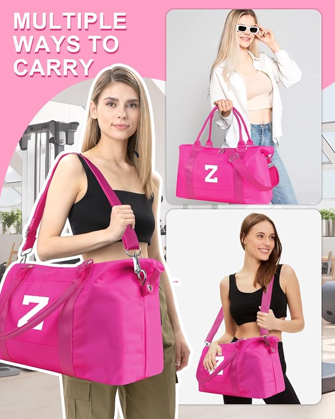 Overnight Bag for Kids Teen Girls Weekender Dance Bag Birthday Graduation Gifts,Initial Travel Duffel Bag Sports Gym Bag Personalized Weekender Bag Carry On Bags Preppy Gifts for Women(Hot Pink, Z)
