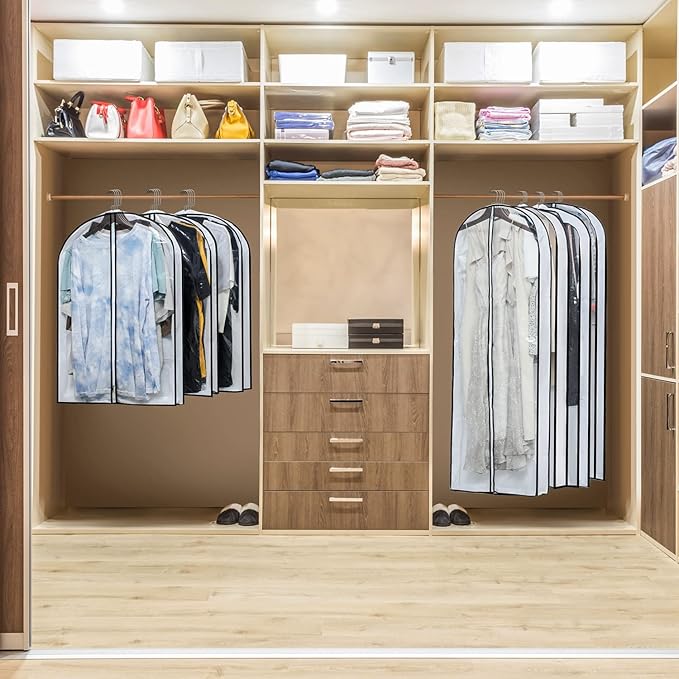 Hanging Clothes Storage with 4" Gusseted Garment Covers (Set of 6) - Clear Suit, Sweater, Shirt, Jacket Protectors for Closet - 24"x 32"x 4" / 6 Pack