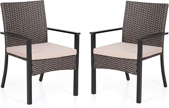 PHI VILLA Outdoor Wicker Chairs Set of 2, Rattan Covered Metal Armchairs with Removable Cushion, Heavy Duty Furniture Set for Patio, Deck, Porch, Yard