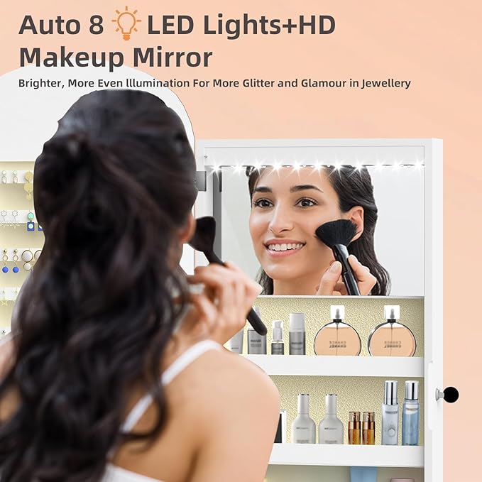 RQZ 8 LEDs Mirror Jewelry Cabinet, Rounded Wide Jewelry Armoire Organizer, Wall or Door Mounted Lockable Jewelry Storage with Interior Mirror, 2 Drawers (43.7" H)