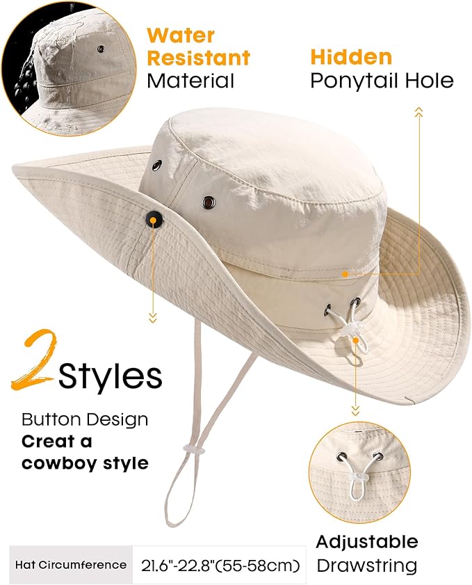 FURTALK Sun Hats for Women Ponytail UPF 50+ Beach Summer Hat Wide Brim Packable Cowboy Hat