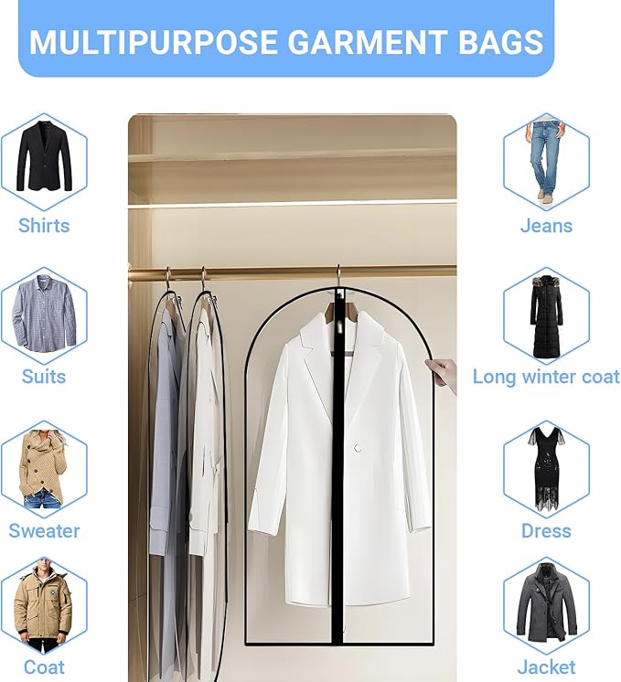 Garment Bags for Hanging Clothes 24'' x 48'' (Set of 12) Coat Covers for Closet Foldable Washable Dress Bags for Hanging Clothes for Long Dress Dance Costumes Suits Gowns Coats