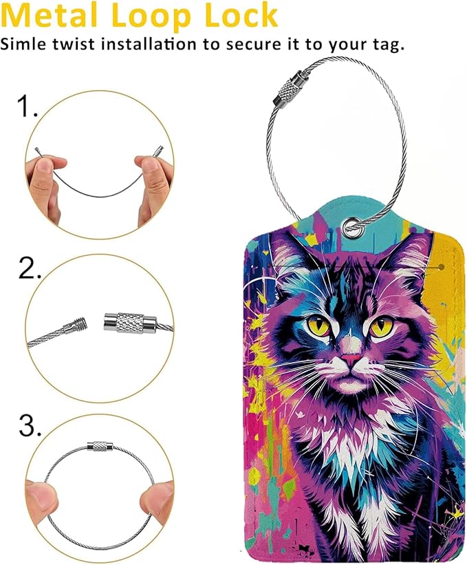 Colorful Cat 2 Pack Luggage Tag for Suitcase, Cute Unique Leather Bag Tags Identifiers Privacy Cover ID Label with Steel Loop for Women Men Kids Girls Travel,