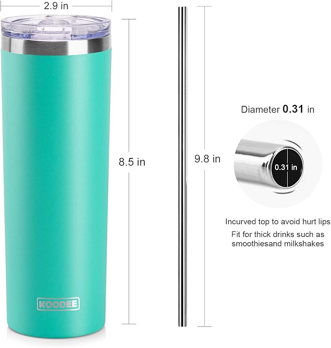 koodee 20 oz Stainless Steel Skinny Tumbler(4 Pack) Double Wall Insulated Water Tumbler Cup with Lids, Straws and Straw Brushe（Teal/2 Pack, Pink/2 Pack）