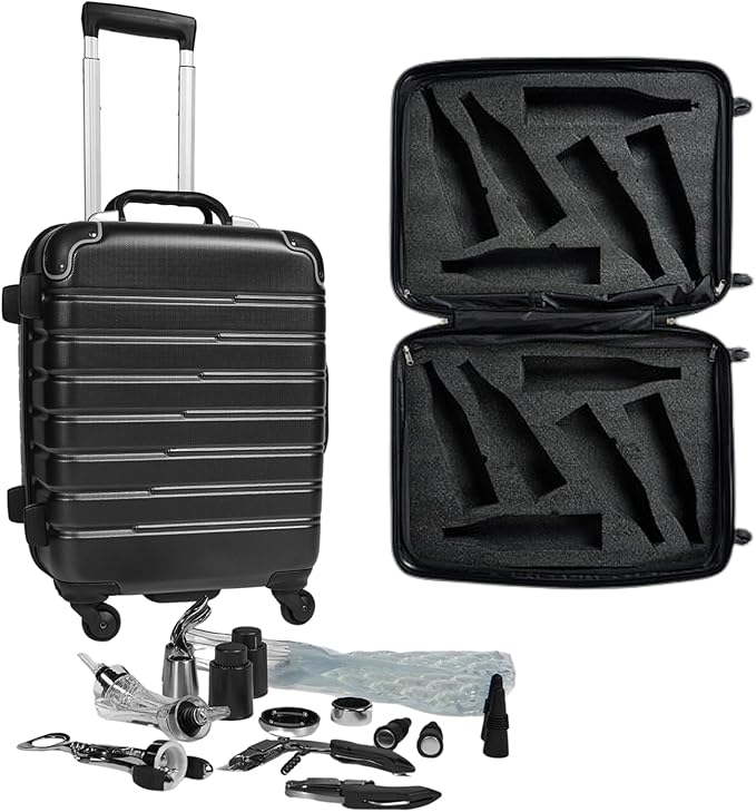 FlyWithWine® by VinGardeValise 12-Bottle Hard Shell Wine Suitcase with Hinomoto 360° Spinner Wheels – TSA Approved Wine Luggage with Removable Foam Insert and 18 Wine Accessories