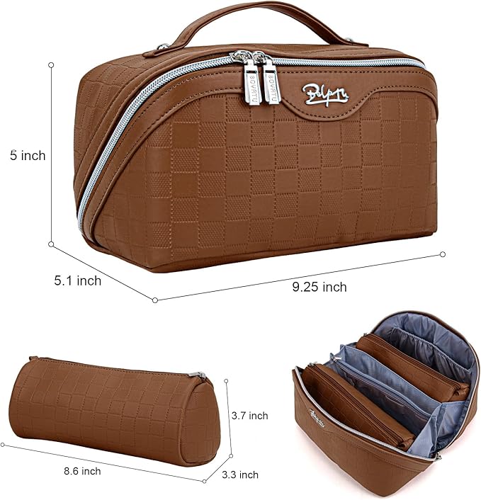 Travel Makeup Bag Organizer Cosmetic Bag: 3 Pcs Set Make up Bags for Women with Handle - Waterproof Vegan Leather Toiletry Bags with Comparments (C-03-Brown)