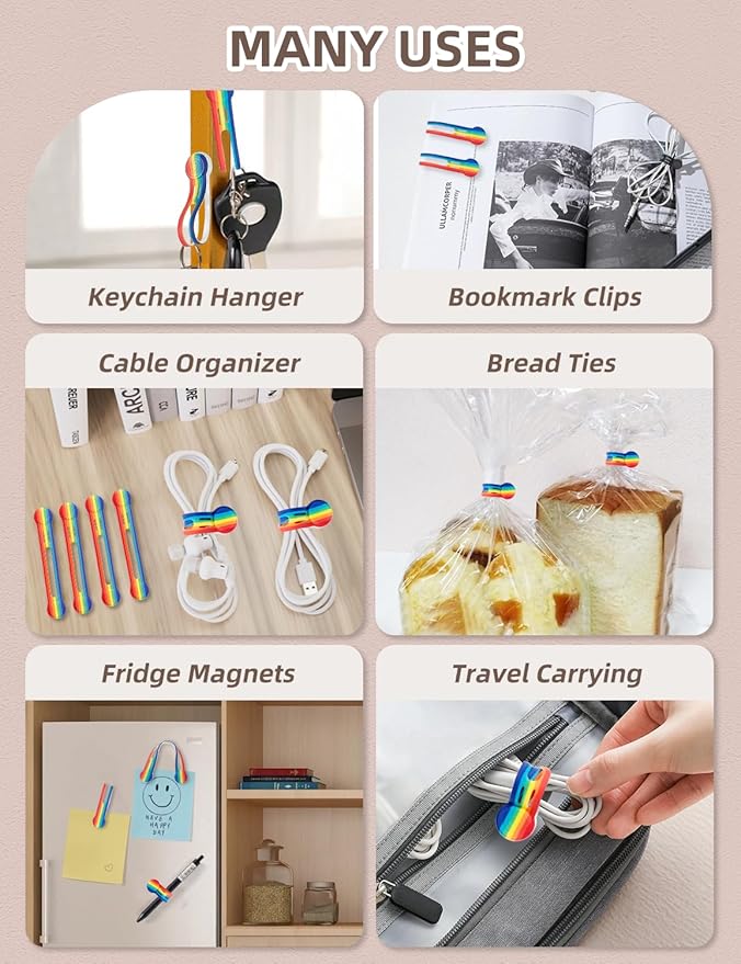 Kanemc Magnetic Cable Tie, 4.72'' Cord Ties Magnet Cable Straps Cord Wrap For Travel Phone USB Charging Cable Management Whiteboard Markers (8Pcs, Rainbow Color)