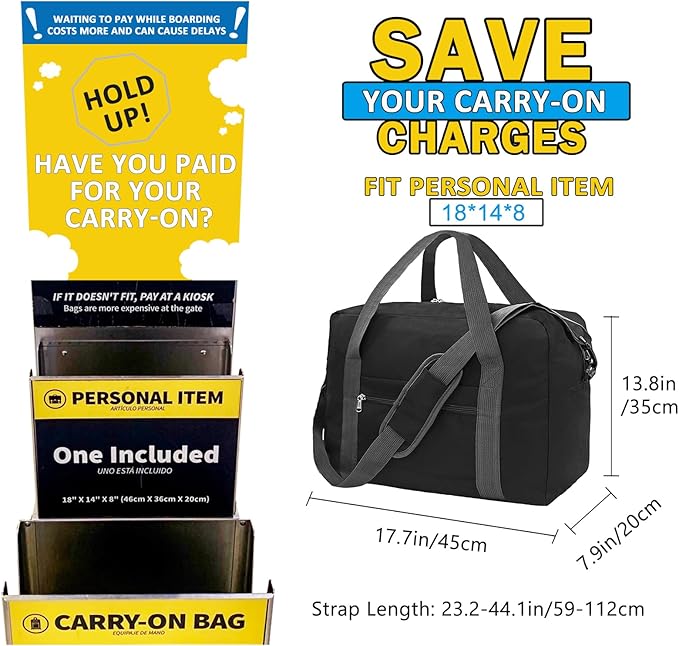 For Spirit Airlines Personal Item Bag 18x14x8 in Underseat Carry-on Luggage foldable Travel Duffle Bag for Airplanes(30L, Black)