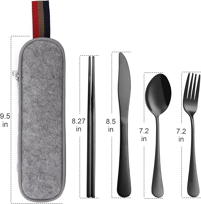 DEVICO Camping Utensils, Portable Travel Utensils with Case, Stainless Steel Reusable Silverware for Lunch Adult, 5Pcs Cutlery Set Includes Knife Spoon Fork Chopsticks and Case (Black)