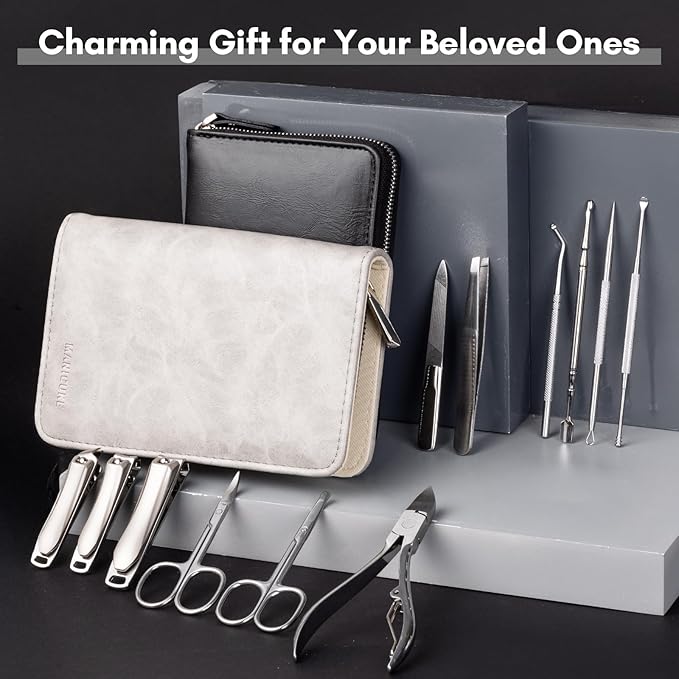 FAMILIFE Professional Manicure Set, Manicure Kit, Nail Clippers Set, Stainless Steel Pedicure Tool, Nail Kit with Portable Leather Travel Case Luxury Gifts for Him