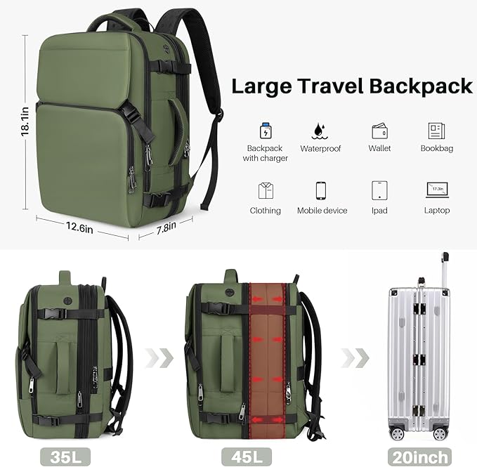 Travel Backpack Carry On Flight Approved, Lightweight Large Travel Backpack, Expandable with USB Charging Hole, Waterproof Causal Bookbag for Travel Work College Fits 17 inch Laptop, Green