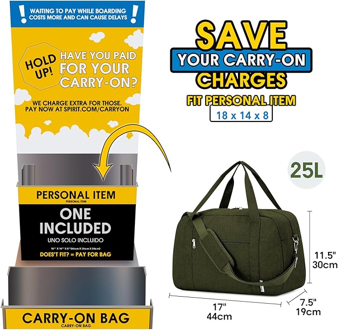 Narwey 18" Carry on Bag Underseat for Airplane with Wet Pocket Spirit Airlines Personal Item Bag Travel Duffel Bag Small Gym Bag Weekender Overnight for Women and Men (Army Green)