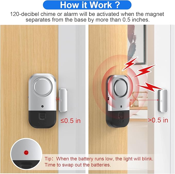 Door Window Alarm Sensors - Door Alarms for Kids Safety, Door Alarms for Home Security, for Home, Office, Store, Garage, Dorm Room, Apartment, RV, Silver Gray, 6 Pack
