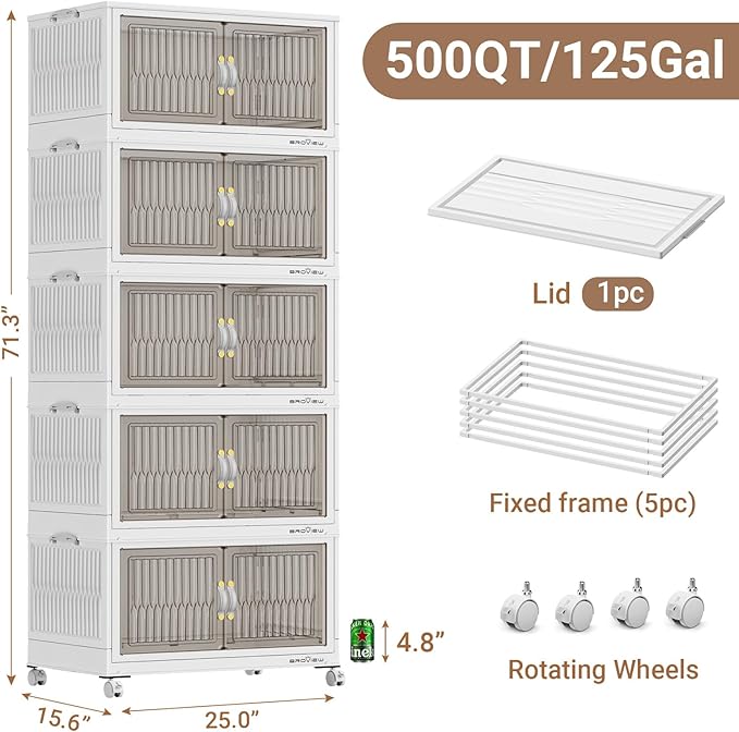 BROVIEW 500Qt Stackable Storage Bins with Lid, Extra Large Closet Organizer Collapsible Drawer Boxes with Wheels, Folding Plastic Cabinet Containers for Home Kitchen Room Organization, 5Pack White