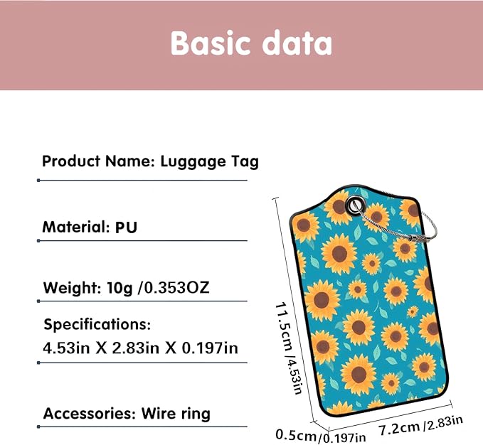 Luggage Tags for Suitcases, 2-Pack PU Leather for Cruise & Travel, Baggage ID Tags with Privacy Cover & Address Card, Durable Metal Ring, Kids Adults Travel Accessories, Turquoise Sunflowers