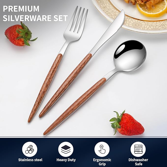 16 PCS Silverware Set for 4,Stainless Steel Flatware Cutlery Eating Utensils Set with Wood Grain Handle,Steak Knives Forks and Spoons for Home,Party,Mirror Polished and Dishwasher Safe