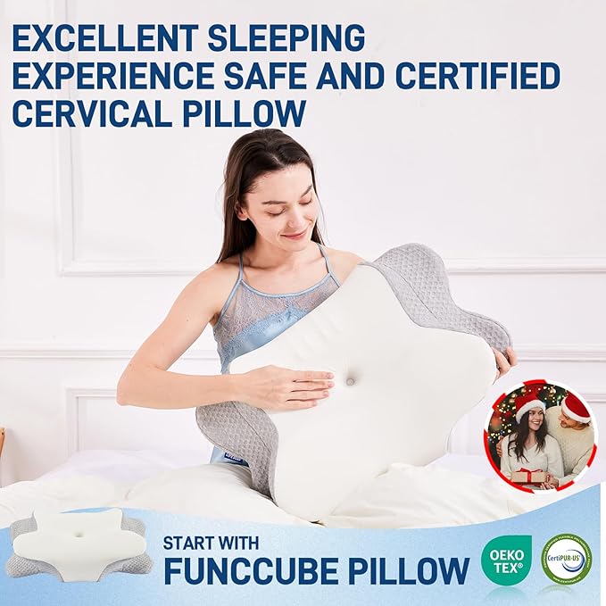 Cervical Neck Pillow for Neck Pain Relief - Ergonomic Memory Foam Pillow for Sleeping, Side, Back & Stomach Sleepers, Orthopedic Contour Pillow with Breathable Cover (Grey White)