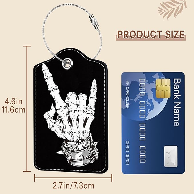 2 Pcs Skull Luggage Tags for Suitcases, Black Leather Luggage Tags, Privacy Cover ID Label with Stainless Steel Loop & Address Card, Funny Skull Travel Bag Tag Luggages Accessories for Suitcases