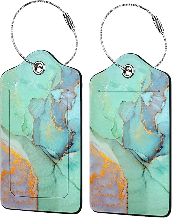 Green Gold Marble 2-Pcs Premium Leather Tags with Privacy Covers,Luggage Tag Stainless Steel Loops Ideal for Suitcases, Travel Bags, Backpacks