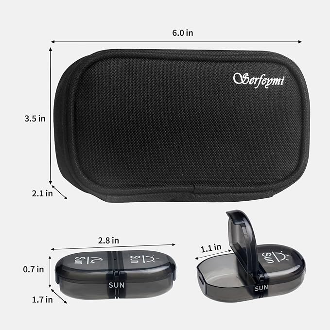 Serfeymi Weekly Travel Pill Organizer 2 Times A Day AM PM Upgraded Black Pill Box 7 Day with Portable Zipper Canvas Pill Case, Medicine Organizer for Pills, Vitamins, Supplements, Fish Oils - Black 01