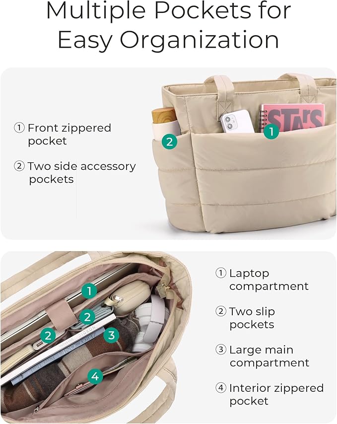 BAGSMART Tote Bag for Women, Lightweight Puffy Tote Bag with Compartments Shoulder Bag Handbag for Travel, Work, Gym,
