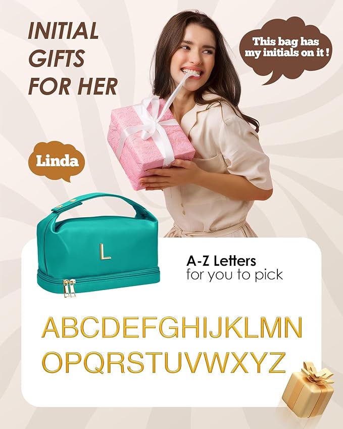 Gifts for Teenage Girls, Personalized Makeup Bag with Handle, Initial Double Layer Cosmetic Bag with Makeup Brush Organizer, Cute Cosmetic Pouch for Women, Gifts for Friends Female Mom