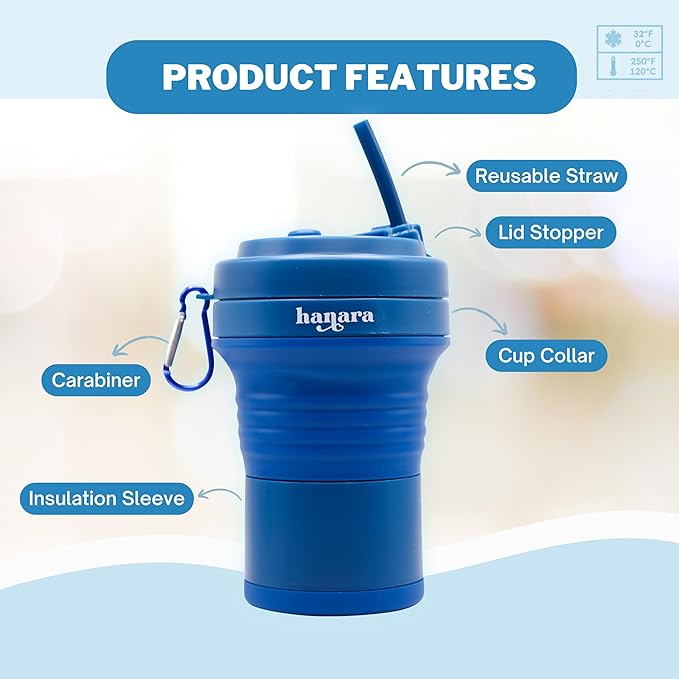 Collapsible Cup with Reusable Straw – 18 Oz (550 Ml), Portable Travel Mug, BPA-Free, Leak-Proof, Microwave & Dishwasher Safe, Multi-Purpose for Hot & Cold Drinks – Navy Blue
