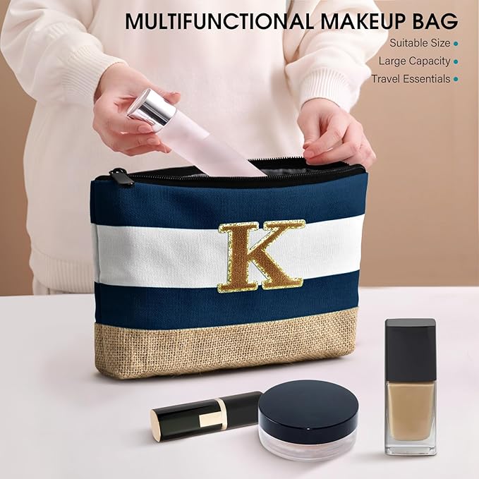 Becokan Beach Bag Initial Beach Tote with Makeup Bag for Travel Work Storage Personalized Birthday Gifts for Women Her