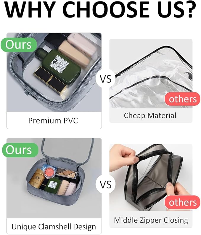 Moyad TSA Approved Clear Toiletry Bag with Handle, 1 Pack Quart Size 3-1-1 Liquids Pouch for Travel, Transparent Makeup & Cosmetic Organizer for Women Men, Grey