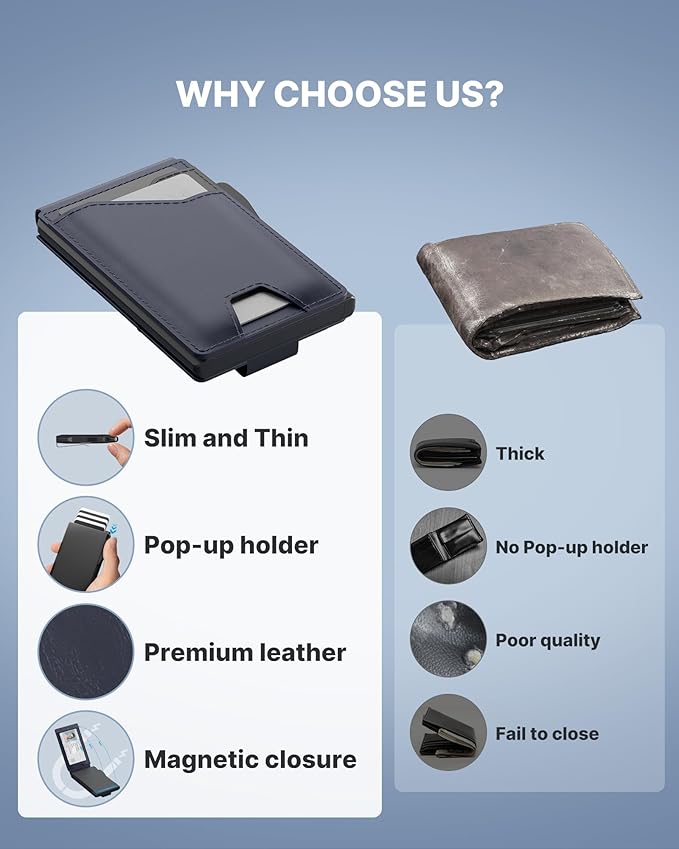 typecase Tactical Wallet for Men Card Holder: Pop Up Card Case, Genuine Leather, Smart, RFID Blocking, Slim, Minimalist, Thin, Front Pocket - 9-13 Card Capacitiy, ID Window, Money Clip (Navy)