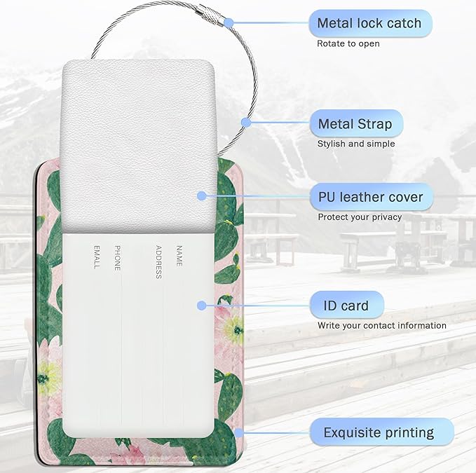 Luggage Tags for Suitcase,Watercolor Cactus Flowers Luggage Tags of Set 2 Leather Identifiers Privacy Cover with Stainless Steel Loop for Women Men Travel Bag Suitcase