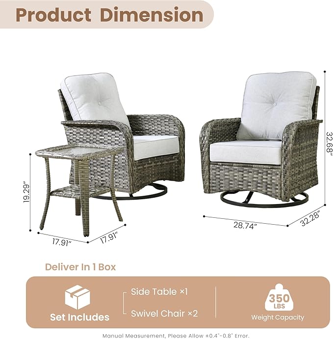 HOOOWOOO Patio Furniture Set,3 Pieces Outdoor Conversation Set,All Weather Wicker High Back Swivel Chairs Bistro Set with Side Table,Light Gray